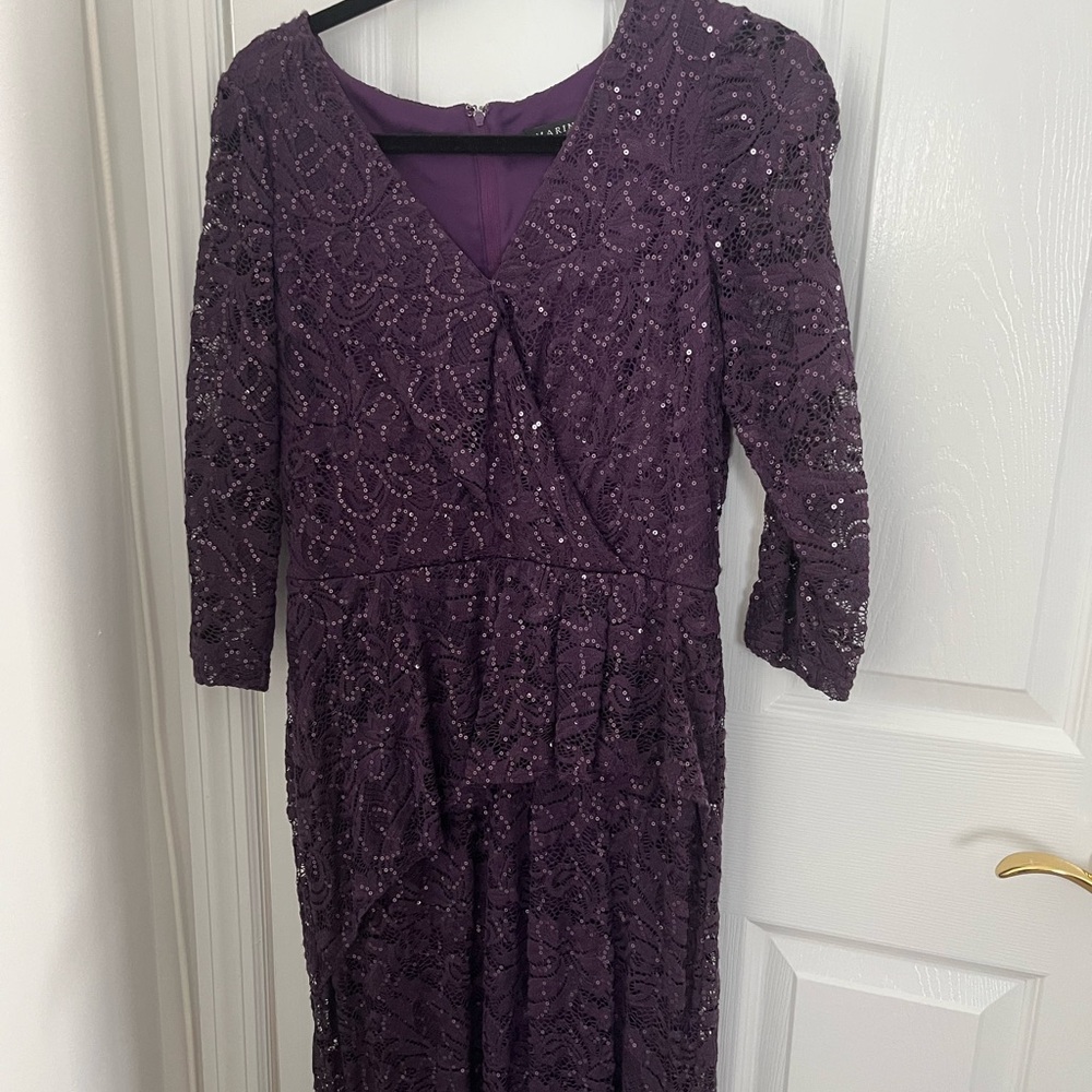 MARINA Purple V-Neck Gown with 3/4 Sleeves
